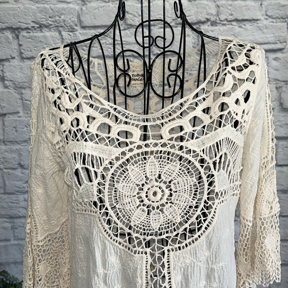 Holly Bracken Bohemian Crochet Three Quarter Sleeve Ivory Pullover Top Small - Picture 2 of 6